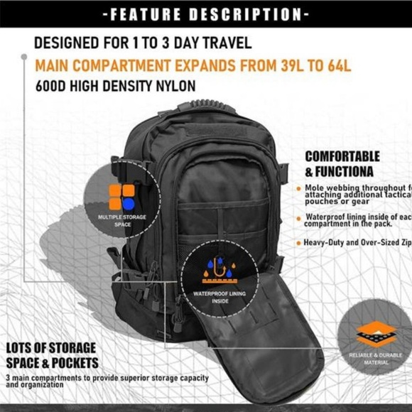 Men Backpacks Large Capacity Expandable Black Hiking Outdoors Military Backpack - Picture 3 of 7